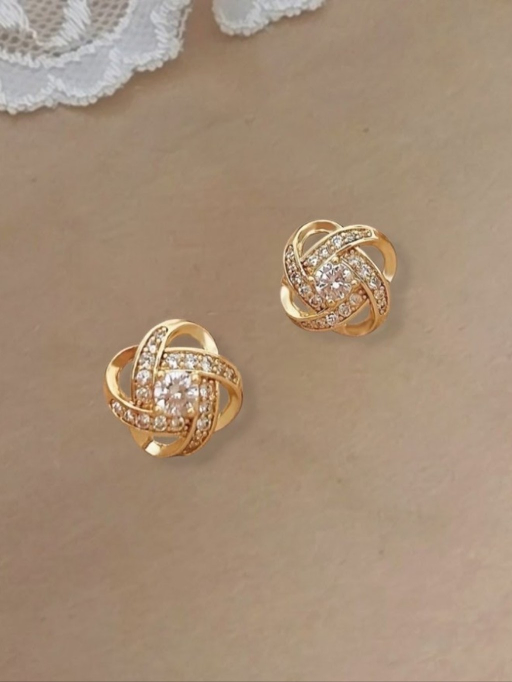 Simulated Diamond Gold Twisted Knot Earrings